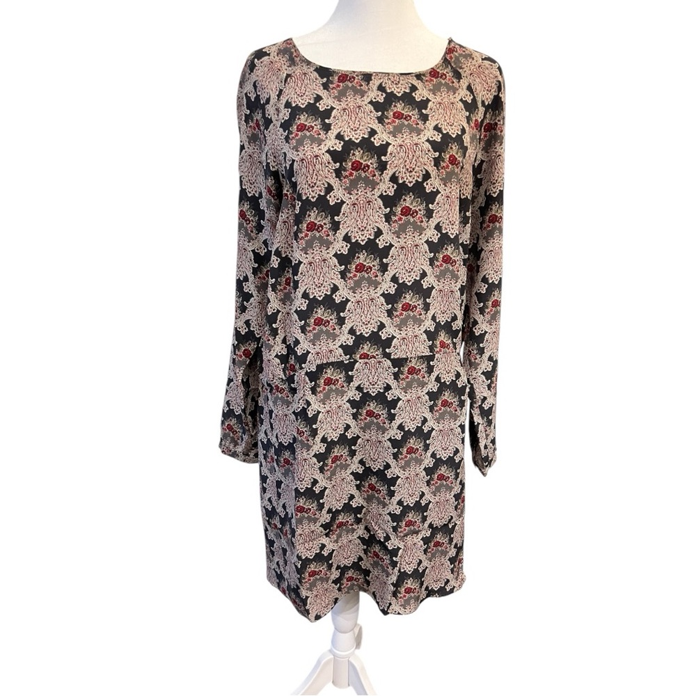 Comptoir Des Cotonniers Red and Gray Sheath silk Dress with Bishop Sleeves
